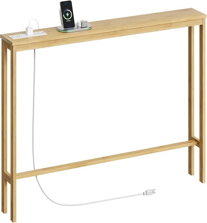 ELYKEN Bamboo Narrow Console Table with Charging Station, Slim Sofa Table Behind Couch, Entryway Table with Outlets for Living Room, Hallway, 5.9 x 39.4 x 31.1in, Natural