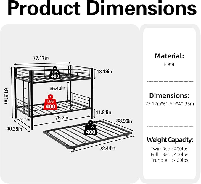Metal Bunk Bed with Trundle, Space-Saving Bunk Bed Twin Over Twin with Ladders and Safety Guardrail, Heavy Duty Twin Bed Frames, No Box Spring Needed and Noise Free(Black)