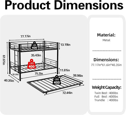 Metal Bunk Bed with Trundle, Space-Saving Bunk Bed Twin Over Twin with Ladders and Safety Guardrail, Heavy Duty Twin Bed Frames, No Box Spring Needed and Noise Free(Black)