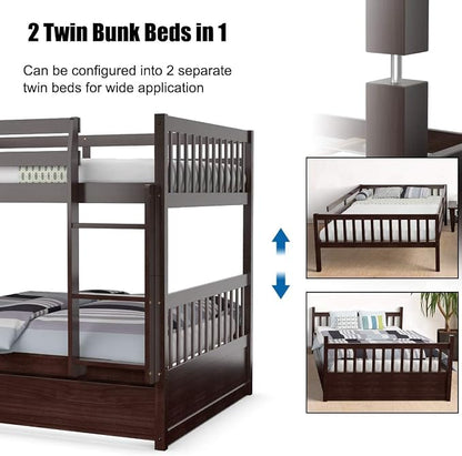 NAFORT Twin Over Twin Bunk Bed with Trundle, Solid Wood Bed Frame with Ladder & Safety Guardrails, Space Saving Bunk Bed for Kids Teens Adults Guest Room, Convertible Design, Espresso