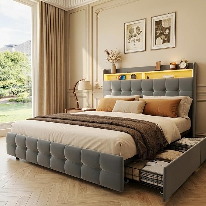 IDEALHOUSE Full Size Upholstered Bed Frame Fabric with Storage Drawers and LED Lights, Headboard and Frame for Cozy Bedroom Sets Upgrades