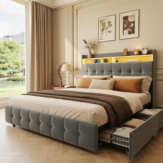 IDEALHOUSE Queen Size Upholstered Bed Frame Fabric with Storage Drawers and LED Lights, Headboard and Frame for Cozy Bedroom Sets Upgrades