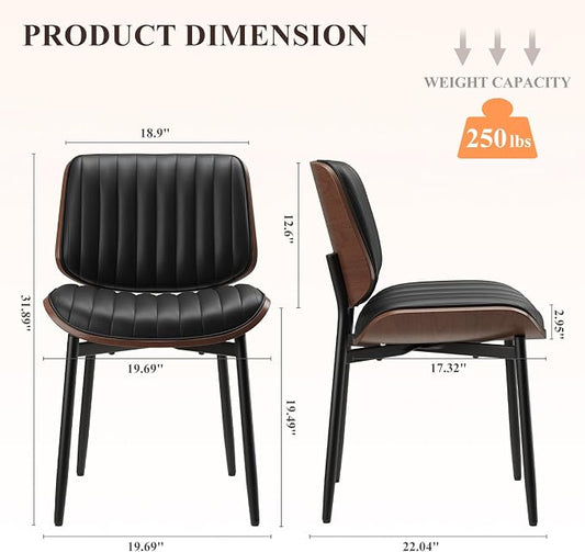 MALOL Leather Dining Chairs Set of 2, Modern Upholstered Dining Room Kitchen Chairs with Metal Legs and Wooden Back Support for Home Dining Room/Restaurant, Black