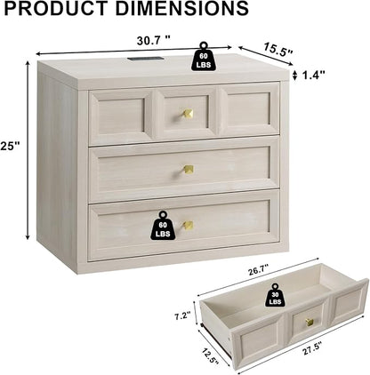 3-Piece Bedroom Set, 5 Drawer Tall Dresser and 3 Drawer King Size Nightstands Set of 2 with Charging Station, 3 Piece Farmhouse Wood Bedroom Dresser and Nightstand Sets, Grey White