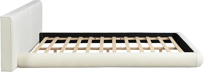 Merax Queen Size Low Profile Floor-Hugging Platform Bed, Platform Bed Frame with 27.45'' Headboard, 800lb WeightCapacity, Upholstered Modern Bed in Fabric, Cream