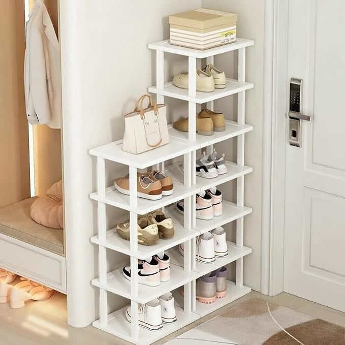 SAN HE Bamboo Shoe Rack 5Tier- Vertical White Shoe Rack for Small Spaces, Tall Narrow Shoe Rack Organizer for Closet Entryway Corner Garage and Bedroom,Skinny Shoe Shelf with Free Stackable DIY