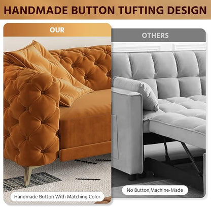 97.7'' Pull Out Sofa Bed King, Chesterfield Velvet Sleeper Sofa, Convertible L-Shaped Futon Couch, Tufted Back, Ottoman, Deep Seat Loveseat Couches for Living Room, Apartment, Orange