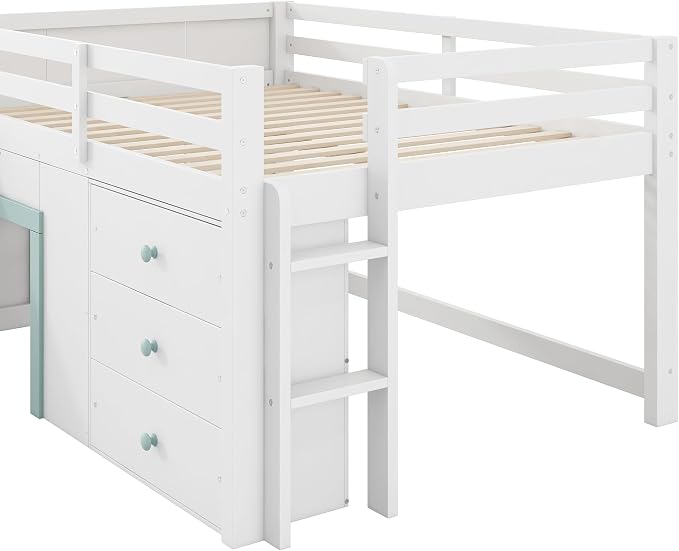 Bellemave Full Size Low loft Bed for Kids,Wood Modern Farmhouse Full Loft Bed with Slide and Drawer Storage, No Box Spring Needed, White