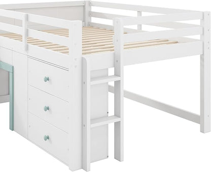 Bellemave Full Size Low loft Bed for Kids,Wood Modern Farmhouse Full Loft Bed with Slide and Drawer Storage, No Box Spring Needed, White
