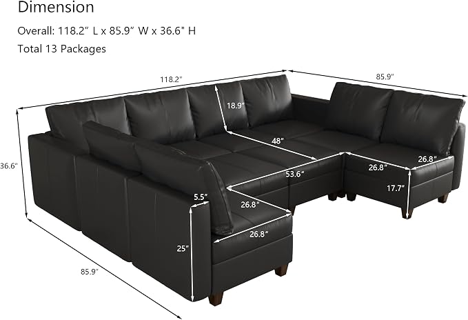 EASE MOOSE Faux Leather Sectional Couch with Storage,Black U Shaped Faux Leather Modualr Sofa Couch