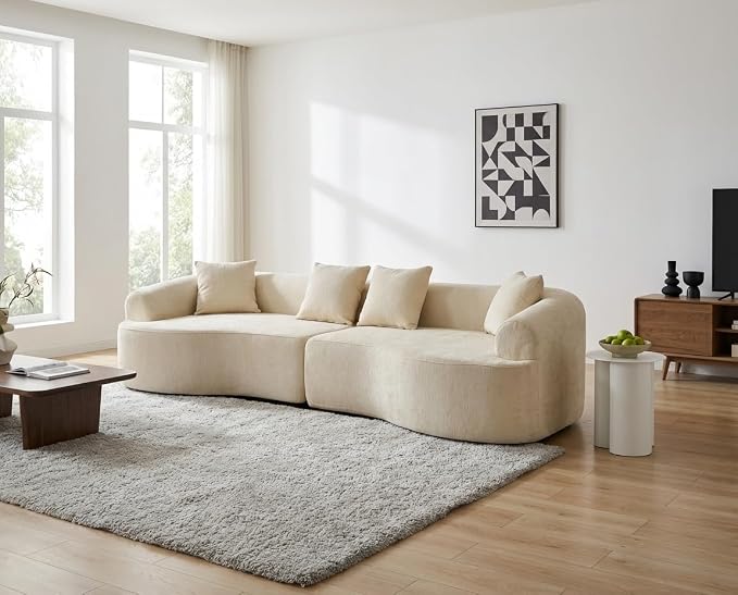 Curved Boneless Sofa Couches 4-Seat Tight Backrest Couch for Living Room Bedroom, Boneless Cloud Sofa with 4 Pillows, Floor Sofa in A Box No Assembly Required
