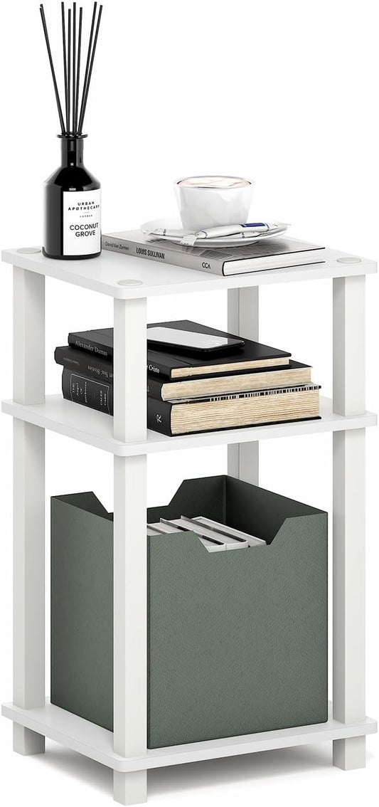 Furinno JUST Side Table, 3-Tier Open Shelf End Table, Toolless Assembly Night Stand, Bedside Table with Square Tube, for Living Room, Bedroom, White