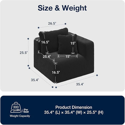 Avenco 35.4” Right-Arm Facing Modular Sofa Seat, Individually Wrapped Coil Support & Corduroy Fabric, Zero Assembly to Complete Your Sectional, Black