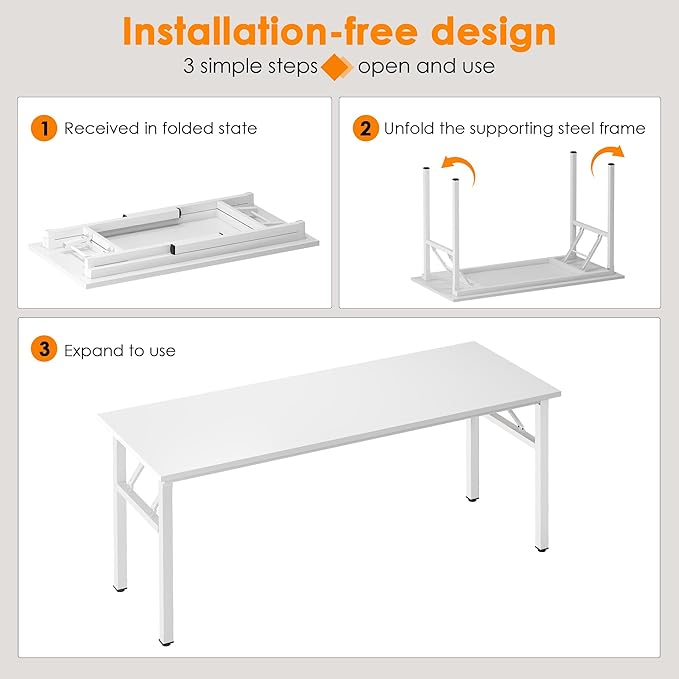 Need Folding Computer Desk, Large 62 inches Folding Table for Home Office, No Install Needed Foldable Writing Table Long Desk, Space-Saving, White