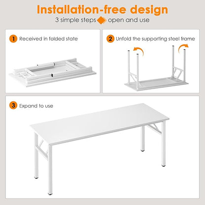Need Folding Computer Desk, Large 62 inches Folding Table for Home Office, No Install Needed Foldable Writing Table Long Desk, Space-Saving, White