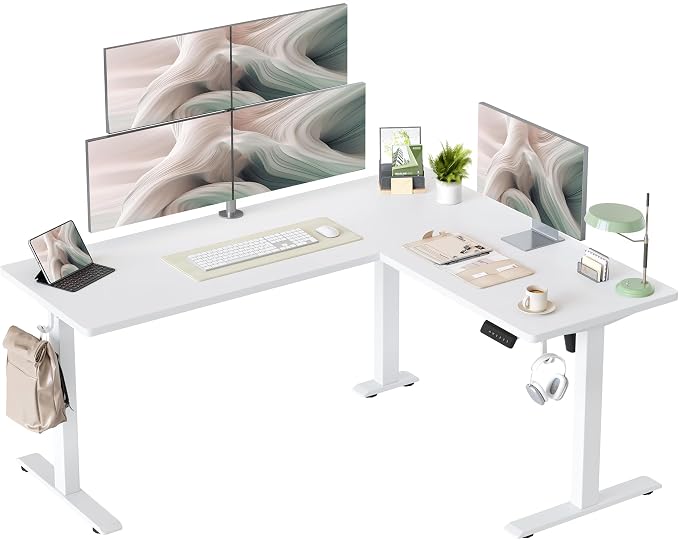 TIQLAB L Shaped Standing Desk Adjustable Height, Electric Corner Standing Desk, 63 x 55 inch Sit Stand Computer Table with Splice Board, White