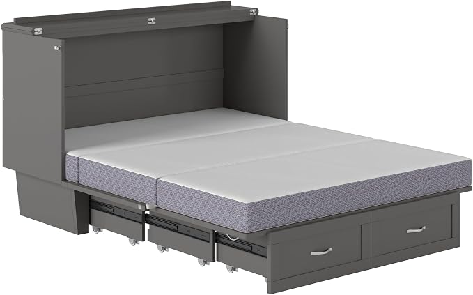 AFI, Monroe Queen Murphy Bed Chest with 6" Mattress, Storage Drawer & Built-in USB Charger, Grey