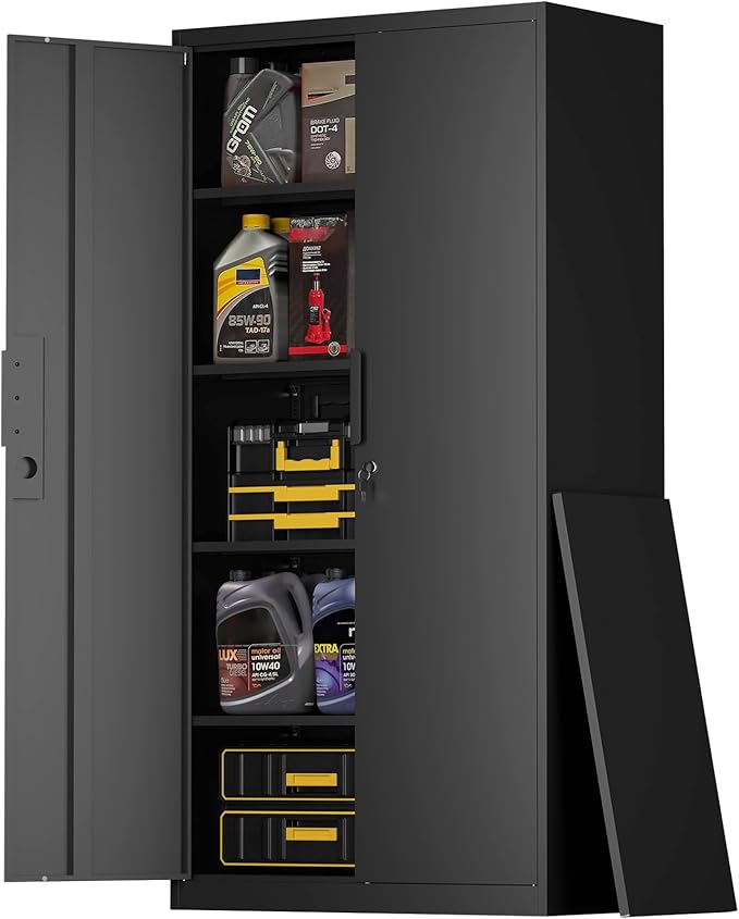 72''H Garage Storage Cabinet with Lock, 18'' Deep Metal Storage Cabinets with Doors and 4 Adjustable Shelves, Steel Locking Cabinet, Tool Cabinet for Laundry Room, Garage, Home Office, Black