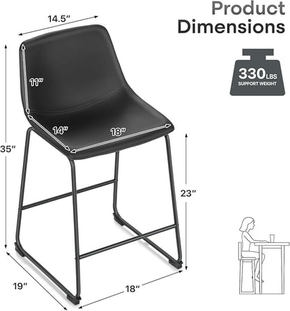Athena Collection 23'' Counter Height Bar Stools Bar Chairs Set of 2 Modern PU Leather Bucket Chairs with Back Soft Foam Filled Metal Frame Bar Stools with Footrest for Pub, Bistro, Kitchen, Black