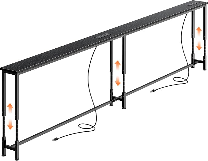 Huuger 94.5 Inch Sofa Table with Power Outlets, 23.9’’-34.4’’ Height Adjustable Range, Behind Couch Table with USB-C Ports, Sofa Tables Narrow Long, Skinny Console Table, Small Spaces, Black