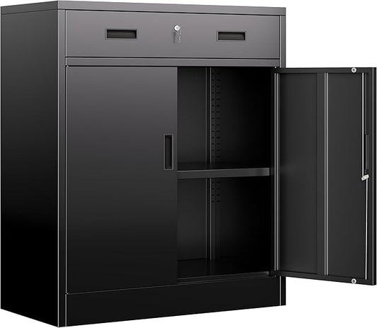 BESFUR Metal Garage Storage Cabinet with One Lockable Drawer 2 Locking Doors and an Adjustable Shelf, 36" Black Metal Short Storage Cabinet for Home Office,Garage,School,Utility Room