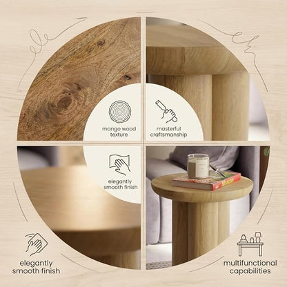 Relso Gaia Round End Table for Living Room and Farmhouse | Solid Mango Wood for Rustic Elegance | Ideal for Side Tables, Nightstands & More | Wood Side Table Round for Bedroom (Natural)