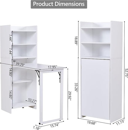 Foldable Desk with Storage,Hidden Desk with Built-in Socket,Fold Out Writing Table for Small Spaces,Home Office and Bedroom (White)