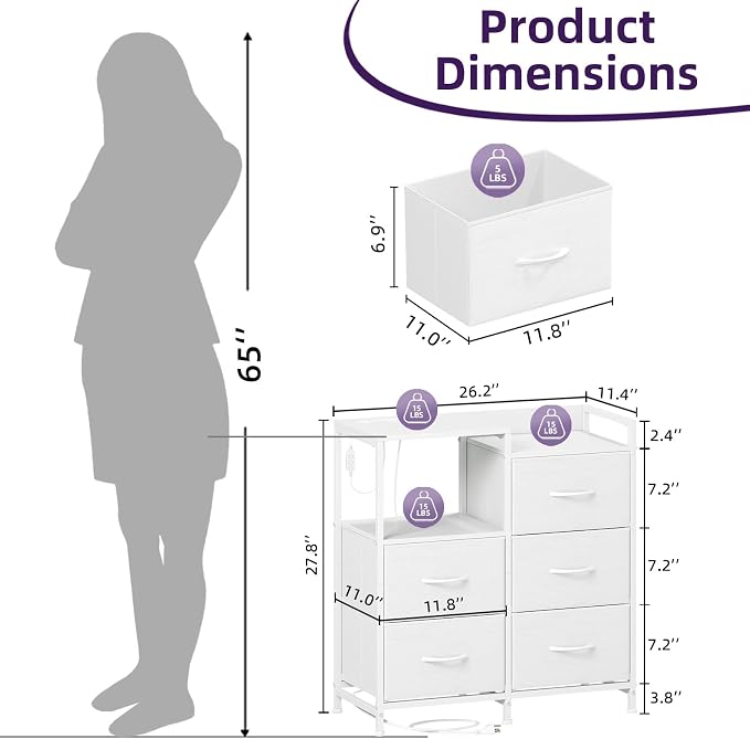Somdot White Nightstand with Charging Station and LED Light, Wide 5 Drawers Dresser for Bedroom with Fabric Bins and Open Shelf for Bedroom Kids Closet Dorm Guest Room, White Leather