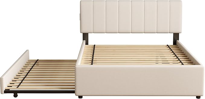 Full Size Upholstered Platform Bed with Pull-Out Trundle Bed | Twin Size Trundle, LED Lighting Controlled by APP, USB+Type-C Charging Ports, Chenille Upholstered Bed Frame,Beige