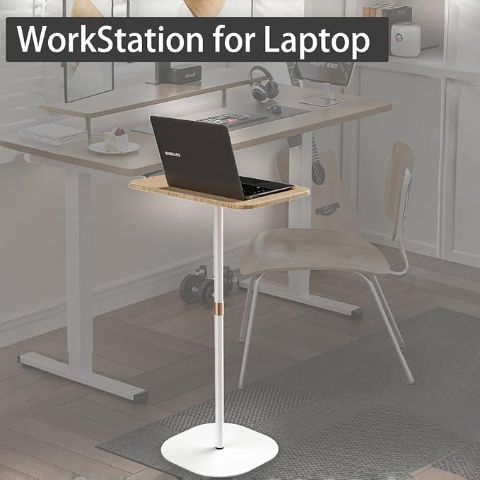 Small Laptop Standing Desk, 18“H - 46”H Adjustable Height Pedestal Side Table with Wooden Top, Portable Tall End Table, Stand-Up Desk for Bedside, Couch, Sofa, Living Room, Bedroom, Home Office, White