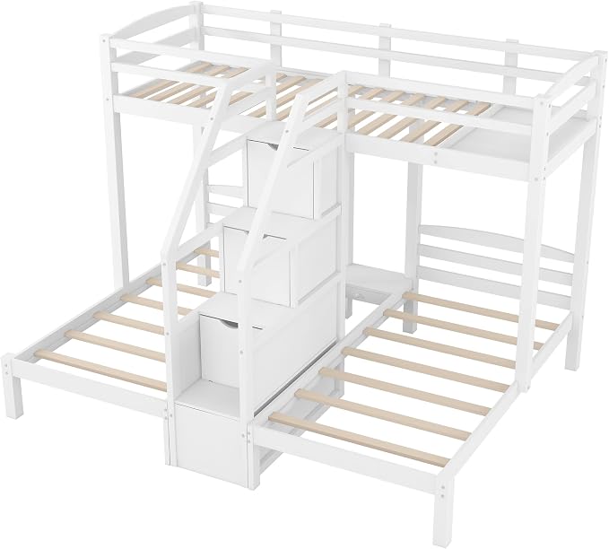 VilroCaz Twin Size Triple Bunk Bed with Built-in Staircase and Storage Drawer, Solid Wood Bunk Bed Frame with Safety Full-Length Guardrail for 3, Bedroom Guest Room Home Furniture