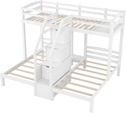 VilroCaz Twin Size Triple Bunk Bed with Built-in Staircase and Storage Drawer, Solid Wood Bunk Bed Frame with Safety Full-Length Guardrail for 3, Bedroom Guest Room Home Furniture