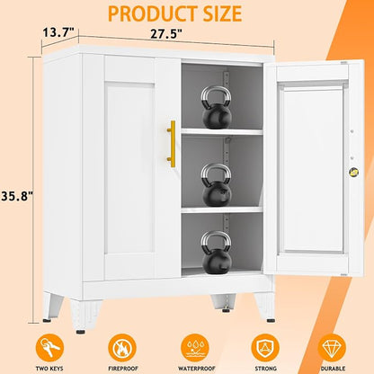 36 Inch Locking Storage Cabinet, 13.8" D x 27.6" W x 35.4" H, Metal Cabinet with 2 Adjustable Shelves, Heavy-Duty Steel Garage Storage Cabinet for Home, Office, Basement, White