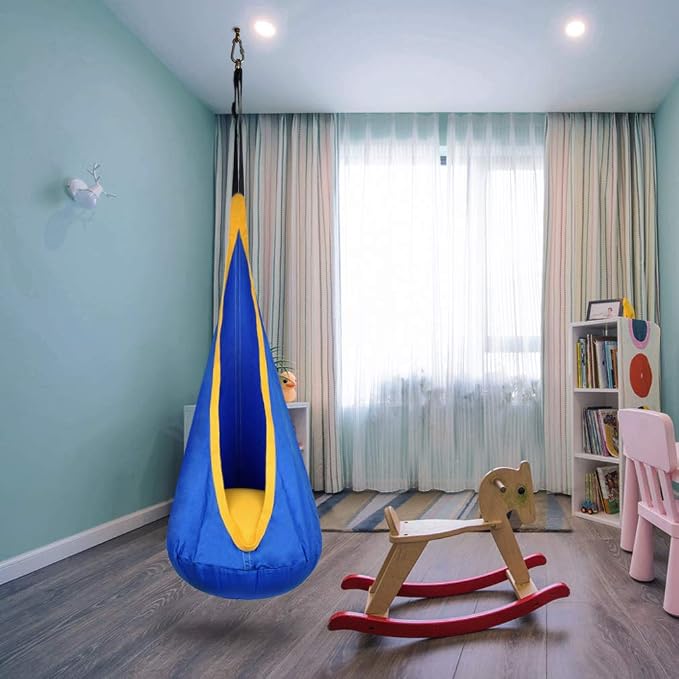 Kids Pod Swing Hanging Seat Child Hammock Chair Indoor and Outdoor Sensory Swing 100% Cotton Loading Capacity 170 lbs (Blue)