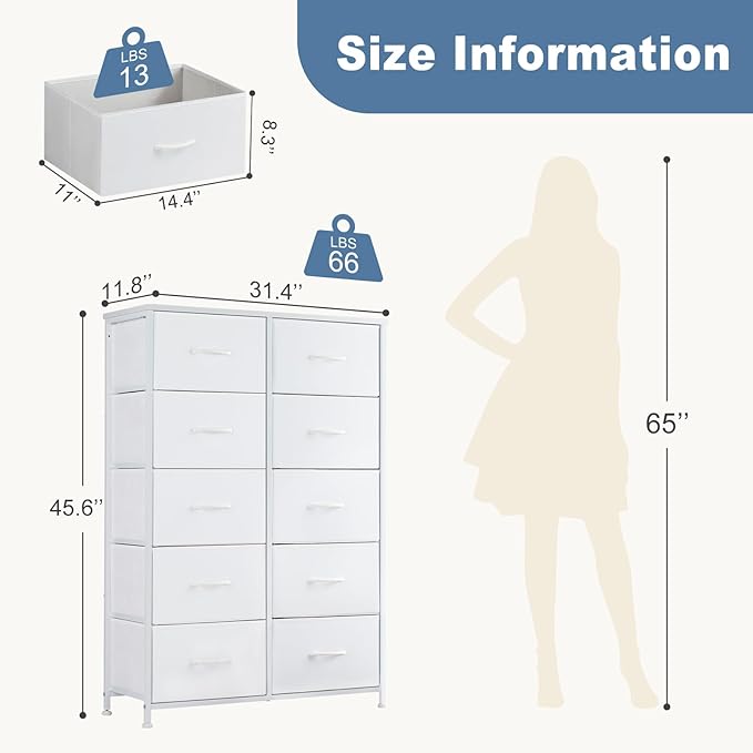 DUMOS 10 Drawer Dresser for Bedroom, Storage Organizer Chest of Drawers | Wide Fabric Closet Organizer Tower Furniture with Wooden Top Metal Frame, Dorm, White