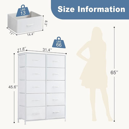 DUMOS 10 Drawer Dresser for Bedroom, Storage Organizer Chest of Drawers | Wide Fabric Closet Organizer Tower Furniture with Wooden Top Metal Frame, Dorm, White