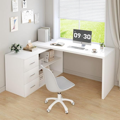 HSH White L Shaped Desk with Drawers Shelves, Corner Home Office Desk L Shape with Storage Cabinet, Large Wood Computer Desk for PC Executive Work Writing Study, Modern Living Room Bedroom Table,60 In