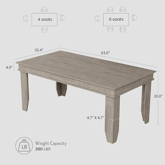GarveeHome Farmhouse Dining Table for 4-6 People, 63 in Long Kitchen Tables with Wooden Sturdy Frame, 5 ft Large Rectangular Dinner Table for Dining Room, Kitchen, Grey, 63" Non-extendable