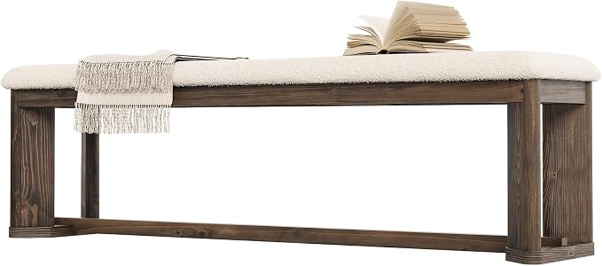 LITTLE TREE 63" Upholstered Bench, Solid Wood Entryway Shoe Bench with Cushion, Long Modern Farmhouse End of Bed Bench with Antique Brown Legs & Faux Lamb Fur Seat for Bedroom, Living Room, Dining