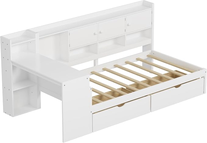 Bellemave Twin Size Corner Bed Frame, Twin Size Corner Beds with Storage Cabinets and Desk, Wood Daybed with Bookcase and Drawers, White
