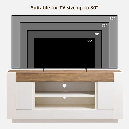 OKD Modern 70" TV Stand, Entertainment Center for TVs Up to 80", Media Console with Large Open Storage & Side Cabinets, Thick Wood Design for Living Room, Antique White