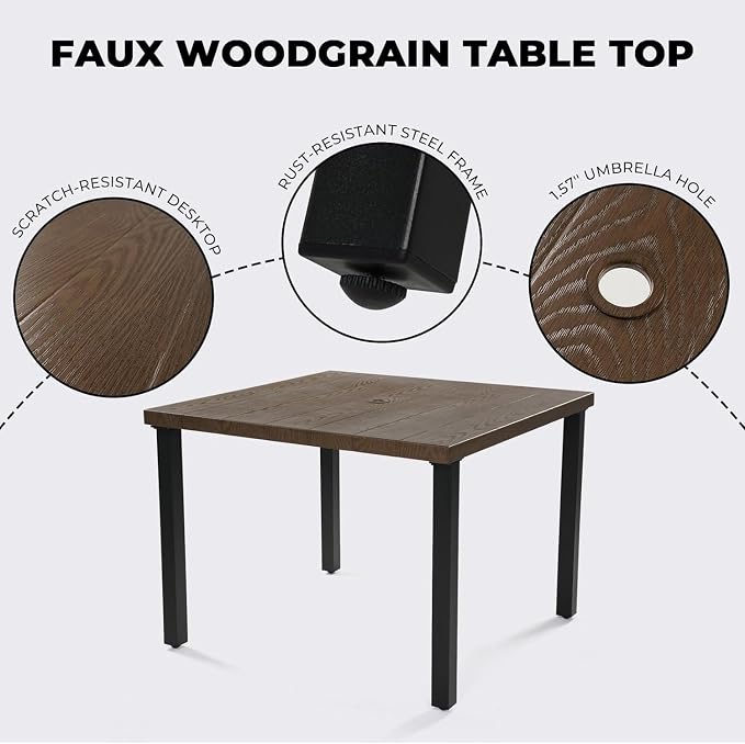 Grand patio 5-Piece Outdoor Dining Set for 4, Metal Woven Wicker Fixed Patio Chairs with Thickened Cushions & 1 Square Woodgrain Dining Table with Umbrella Hole for Backyard Deck (Natural)
