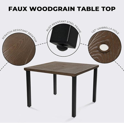 Grand patio 5-Piece Outdoor Dining Set for 4, Metal Woven Wicker Fixed Patio Chairs with Thickened Cushions & 1 Square Woodgrain Dining Table with Umbrella Hole for Backyard Deck (Natural)
