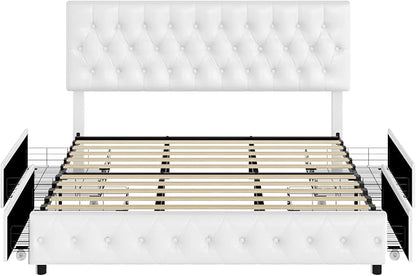 Keyluv Full Size Upholstered Platform Bed Frame with 4 Storage Drawers, Modern White Faux Leather Bed with Adjustable Button Tufted Headboard, Solid Wooden Slat Support, Easy Assembly