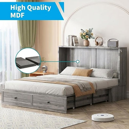 Mjkone Queen Size Murphy Bed with Tri-Folding Mattress, Farmhouse Murphy Cabinet with USB Charging Station, Modern Cabinet Beds with Large Storage Drawers for Living Room Home Office, Gray