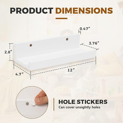 Muzilife 12" Small Floating Wall Ledge Shelves with Lip - Set of 2 Wood Floating Shelves - White Wall Mounted Picture Ledge for Office, Bathroom, Bedroom, Living Room, Kitchen
