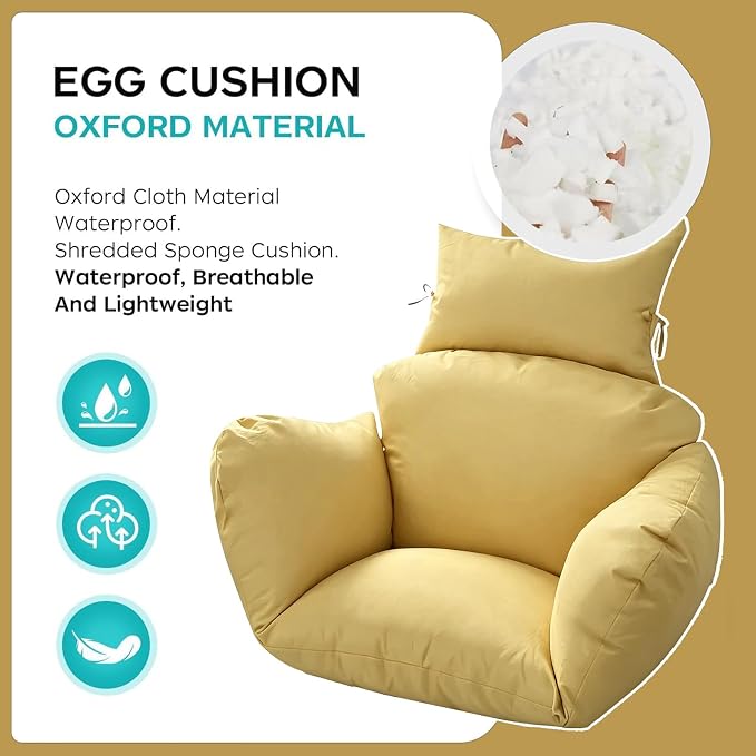 Egg Chair Cushion Replacement, Waterproof Thicken Hanging Egg Swing Chair Cushion for Outdoor Furniture, Wicker Rattan Hammock Basket Cushion with Headrest Pillow 47x31.5x4.7 inch(Khaki)