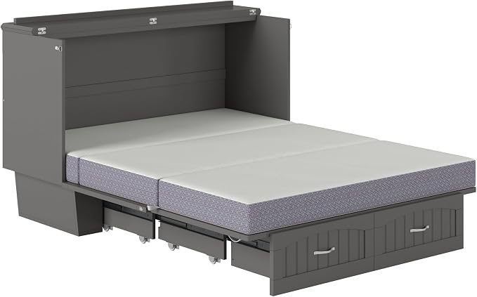 AFI, Nantucket Queen Murphy Bed Chest with Mattress, Storage Drawer and Built-In USB Charger, Grey