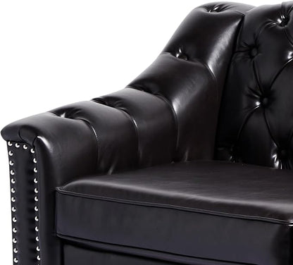 LEVNARY Chesterfield Loveseat Leather, Upholstered Sofa with Button-Tufted Back, Mid-Century Modern Sofa with Solid Wood Legs, 2 Seater Couches for Living Room (Black)
