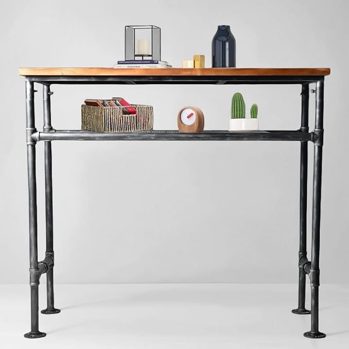 41.3inch Height Industrial Bar Table Rustic Metal Pipe Wood Design Farmhouse Bistro Pub Table Vintage Office Computer Desk Meeting for 4-5 peoplle 2 Tier Storage